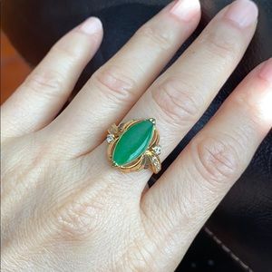 14K Solid Gold Marquise Jade Ring Size 6.25